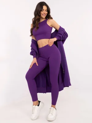 Produktbild von Eleganter Trainingsanzug Damen Set mit Leggings und Sweatshirt sportlich bequem Dunkelviolett Einheitsgröße (S-M)
