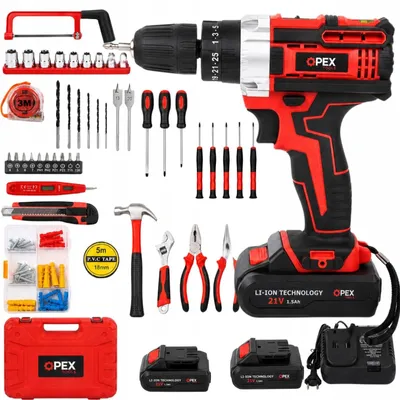 Produktbild von 3IN1 Akkuschrauber 21V 2 Akkus Rot Schwarz Akku Bohrschrauber Akkubohrer Bohrmaschine Schlagbohrschrauber mit Koffer Set