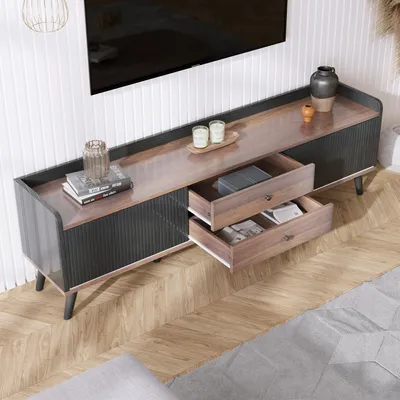 Produktbild von STILVORA TV-Schrank Fernsehbank mit zwei Schubladen und niedrige Platte,TV- Lowboard Fernsehschrank mit Schiebetüren,Schwarz + Holzfarbe