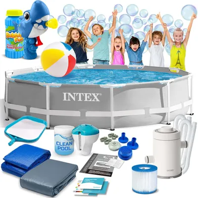 A group of happy children are shown around an Intex pool, with various pool accessories and a bubble gun.