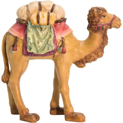 Kameel mit Holzkoffer, 14 cm, handbemaltes Holz, Krippenfigur