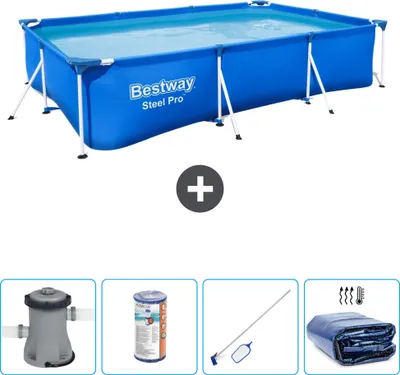 Produktbild von Bestway Rectangular Steel Pro Swimmingpool – 300 x 201 x 66 cm – Blau – inklusive Pumpe Filter - Reinigungskit - Sonnensegel