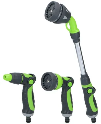 Produktbild von Kinzo 3teiliges Sprühkopf-Set Gartenschlauch - Sprühpistole, Spritzpistole und ausziehbarer Sprühkopf 15" - 8 Sprühstufen - Gartenschlauchanschluss - Grün/Schwarz