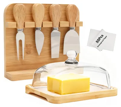 Butterdose mit 4 Käse-Messern & Butterbrotpapier, Bambus