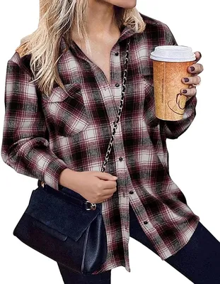 Produktbild von ASKSA Damen Bluse Casual Kariert Hemdjacke Knöpfe Langarmshirt Plaid, Weinrot, XL