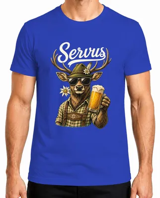 Imagen del producto de Camiseta para hombre, estilo tradicional bávaro, con motivos de , marca Servus Hirsch, color azul, talla M. Incluye pantalones de cuero (lederhosen)