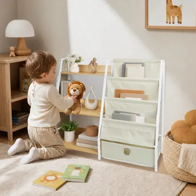 Produktbild von Bücherregal Kinder,Montessori Kinderregal,Kinderspielzeug Regal mit 3 Ablagen und Boxen, für Spielzimmer,Kinderzimmer, Klassenzimmer,85x30x77cm Weiß