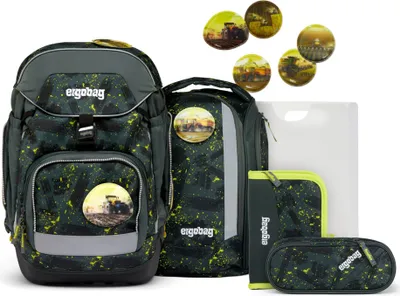 A collection of school supplies, including backpacks and pencil cases, with a tractor theme.