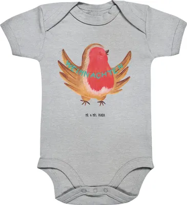 Produktbild von Mr. & Mrs. Panda Strampler Baby Rotkehlchen Weihnachten 1. - 3. Monat - Heather Grey - Geschenk, Frohe, overall, Vogel, Weihnachtsmotiv, babykleidung body, Babybody