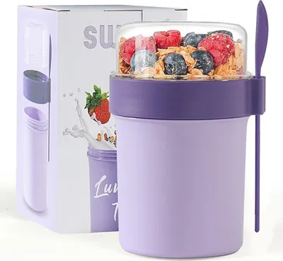 Produktbild von Müslibecher mit Gabel und Löffel, auslaufsicherer Joghurtbecher, geeignet für Reisen, Arbeit, Schule, Picknicks, 450 ml + 250 ml, (Lila)