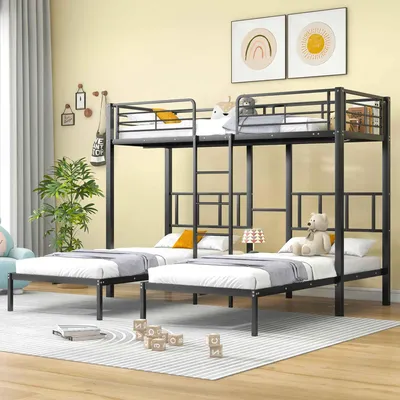 Produktbild von Robustes und sicheres Hochbett für 3 Personen mit Stauraum und Leiter, Metallgestell, platzsparend für Kinder, Schwarz 90x200cm