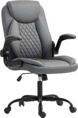 Produktbild von HOMCOM Bürostuhl mit hochklappbaren Armlehnen, ergonomischer Bürostuhl mit Höhenverstellung, Neigungsfunktion, breiter gepolsterter Sitzfläche, 360° drehbar, 120 kg Belastbarkeit, Dunkelgrau