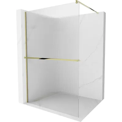 Obrázek produktu pro Mexen Kioto+ sprchová zástěna s poličkou a kolejnicí 70 x 200 cm, proužky 8 mm, Zlatá - 800-070-121-50-09