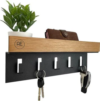 Produktbild von Famanu Schlüsselboard Eiche - Schlüsselhalter aus schwarzem Stahl mit Ablage