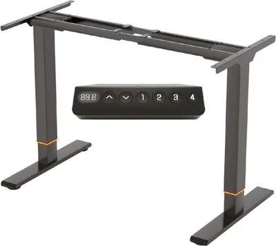 A dark gray electric standing desk frame with a black control panel.