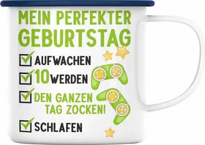 Produktbild von Trendation - 10 Geburtstag Junge Jungen Geschenke Emaille Tasse 10er Geburtstagsgeschenk Gamer 10 Jahre (Blau)