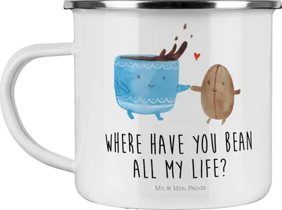 Produktbild von Mr. & Mrs. Panda Teetasse Kaffee Bohne - Weiß - Geschenk, Lustige Sprüche, Teebecher, becher emaille, Kaffeebohne, Kaffeepott, Zufriedenheit, Genuss, Tasse, Glück