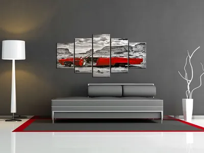 Produktbild von Akustikbild Auto 200x100 cm 5-teilige Bilder Akustikschaum Hochleistungsschallabsorber Schallschutz Leinwand 5 tlg Wandbild Raumakustik Schalldämmung Retro roter Auto 051380