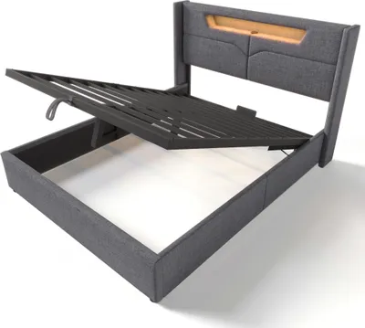 Produktbild von Flieks Polsterbett 160x200 mit USB und Typ C, Boxspringbett mit Lattenrost, Jugendbett mit LED, Hydraulisches Stauraumbett Doppelbett, Leinen, Grau