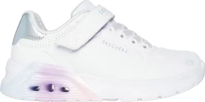 A single white sneaker with iridescent accents and purple light-up elements in the sole.