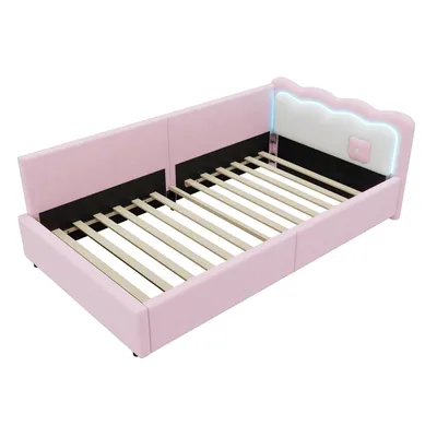 Produktbild von Schlafsofa mit LED-Beleuchtung und Lattenrost, 90x200 cm, Polsterbett, Einzelbett, Jugendbett, Vlies