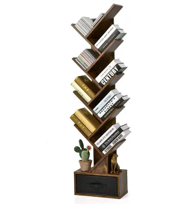 Produktbild von Bücherregal mit Schublade, Standregal in Baumform, Holzregal mit 8 Ebenen, schmal Aufbewahrungsregal für Bücher CD DVD, Organizer für Schlafzimmer, Wohnzimmer & Büro, 38x20x149,5cm Braun