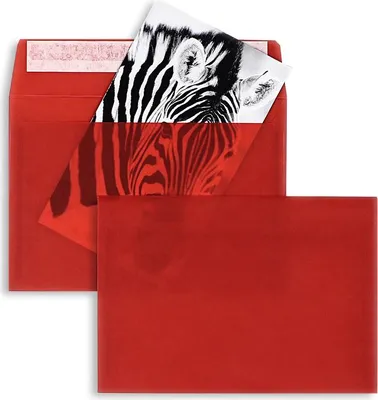 Produktbild von Farbige Transparente Briefumschläge - Rot (Transparent-Intensivrot)114 x 162 mm (DIN C6) | 92 g/qm Offset | Ohne Fenster | Haftklebung | Gerade Klappe | 100 Stück