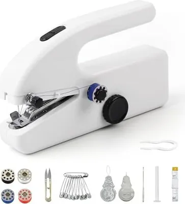 A white portable electric sewing machine with various sewing accessories displayed below it.
