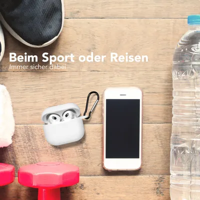 Produktbild von EAZY CASE - Schutzhülle für AirPods 3 Hülle Weiß Silikon Case Stoßfest mit Karabiner geeignet als Schlüsselanhänger Antikratz Etui rutschfeste Silikonhülle für Airpod 3. Generation in Weiß