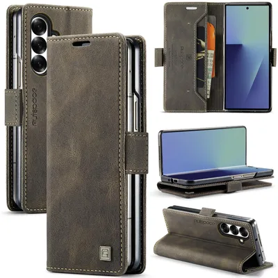 Produktbild von Hülle für Samsung Galaxy Z Fold 7, Retro Kunstleder Tasche Kartenfächern und Ständer Schutzhülle Kaffee