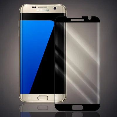A gold Samsung Galaxy S7 Edge smartphone is shown next to a transparent screen protector.