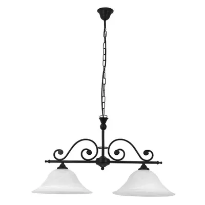 A black and white chandelier with two white glass shades, suspended by a chain.
