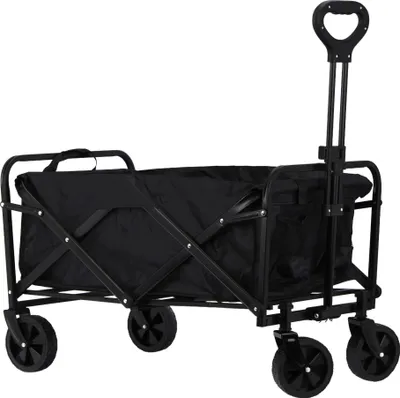 A black foldable garden wagon with a handle and four wheels, shown against a white background.