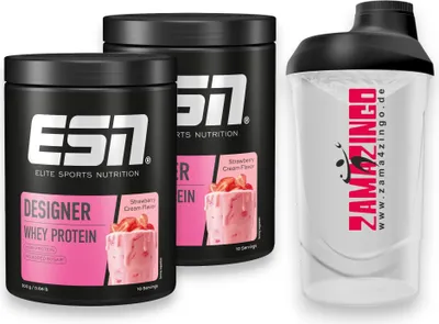 Produktbild von ESN Designer Whey Protein Strawberry Cream 2x 300g | Gratis Zama4zingo Shaker 600ml