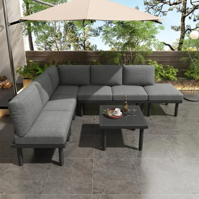 Produktbild von Garten-Lounge-Set(Grau)mit Rahmen aus verzinktem Eisen, 6er-set,Gartenmöbel-Set aus Seil,verstellbare Füße,Tischplatte aus glattem Glas