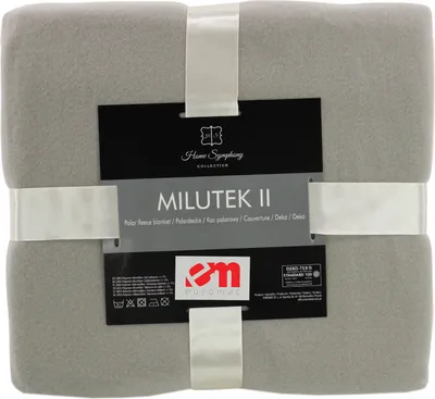 A folded gray fleece blanket with a label attached.