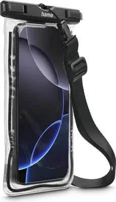 A waterproof phone pouch with a phone inside, shown against a white background.