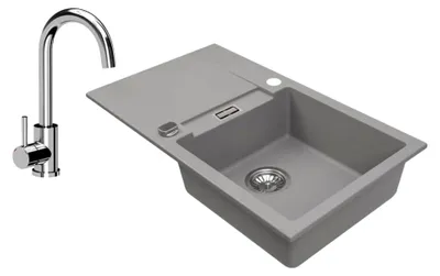 Produktbild von Granitspüle 76 x 44 cm Grau mit Armatur und Abtropffläche