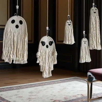 Imagen del producto de 5 adornos de pared de macramé con motivos de Halloween: fantasmas y murciélagos, hechos a mano. Decoraciones bohemias de Halloween, ideales para la decoración de otoño y para crear un ambiente espeluznante. Color: beige
