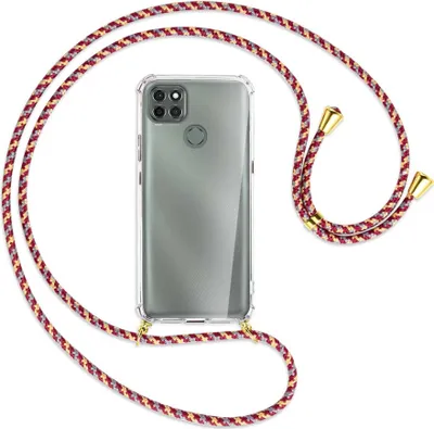 Produktbild von Handykette Backcover-Schutzhülle mit Band (Metall goldfarben) für Motorola Moto G9 Power - weinrot/gelb/grau