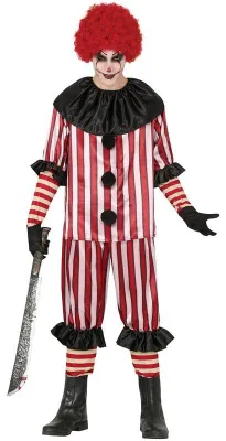 Productafbeelding van Clown Halloween griezelkostuum, masker, onheilspellend, rood en zwart gestreept, horror, maat: 48 - 50 (M), kleur: zwart