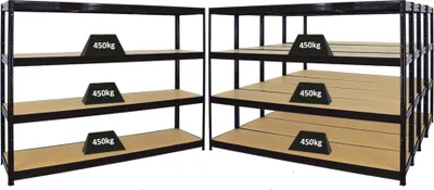 Produktbild von Mega Deal | 5x Schwerlastregal DINO | HxBxT 180x240x60cm | 4 MDF-Platten-Ebenen 6,5 mm | Fachlast 450kg | Schwarz