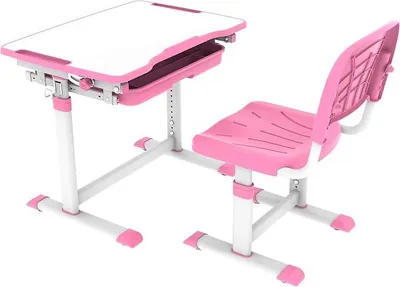 Image de Bureau enfant rose, inclinable, réglable en hauteur, avec chaise, dimensions : 670 x 470 x 545-762 mm