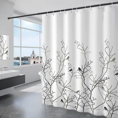 Produktbild von Waschbarer Duschvorhang aus Polyestergewebe mit 12 Duschvorhangringen, wasserdicht für Dusche und Badewanne, 180 x 200 cm, weiß