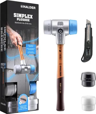 Produktbild von HALDER SIMPLEX Plusbox Starterkit Alu Schonhammer Ø 60 mm Superplastik / TPE-mid / TPE-soft / Gummi + Cuttermesser