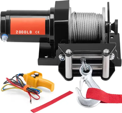 A black electric winch with a steel cable, hook, and remote control is displayed on a white background.