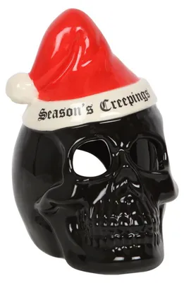 Produktbild von Schwarzer Totenkopf mit Weihnachtsmannmütze Teelichthalter