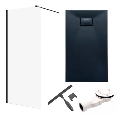 Produktbild von SET Walk-In Dusche 100x195 + Duschwanne 80x100 Rechteck Gehärtet 8 mm Nano Glas Schwarz Steinoptik SMC inkl. Siphon & Badwischer | BADLAND KETIL VIDAR