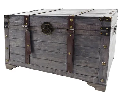 Obrázek produktu pro Truhla Kobolo KUBA v designu truhly na poklady z šedého dřeva s kovovými a koženkovými aplikacemi 80x45x50 cm - Bytový nábytek Malý nábytek Pokoje
