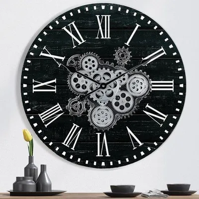 Produktbild von Große industrielle schwarze Wanduhr – mit drehbaren Zahnrädern – 57 cm – Holz